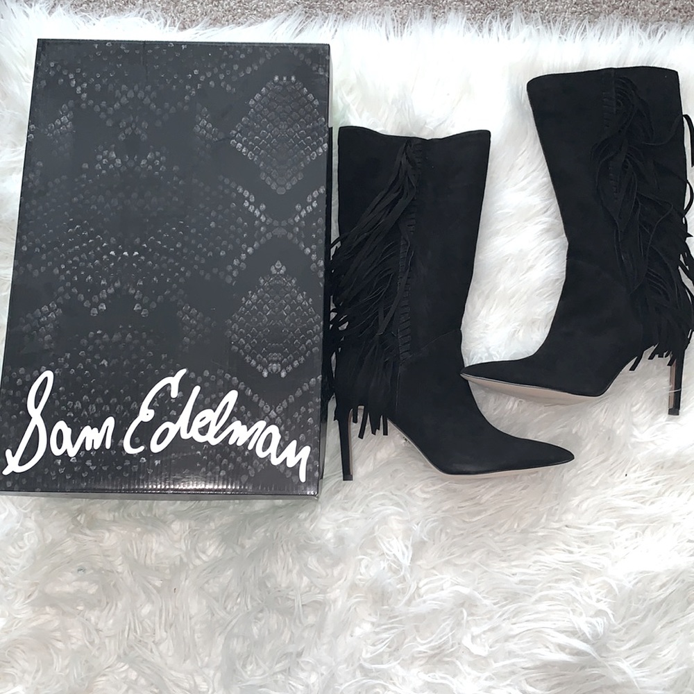 Woman Sam Edelman Fayette Black Suede Fringe Boots